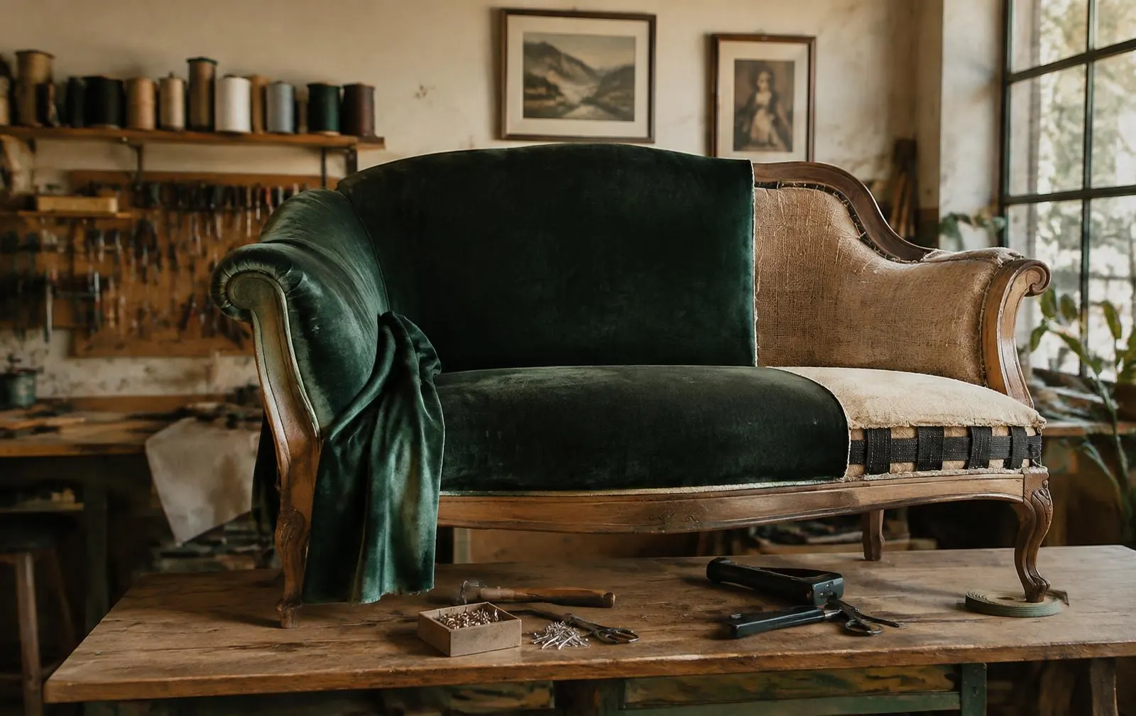 Sofá a medio tapizar en terciopelo verde sobre la mesa de un taller