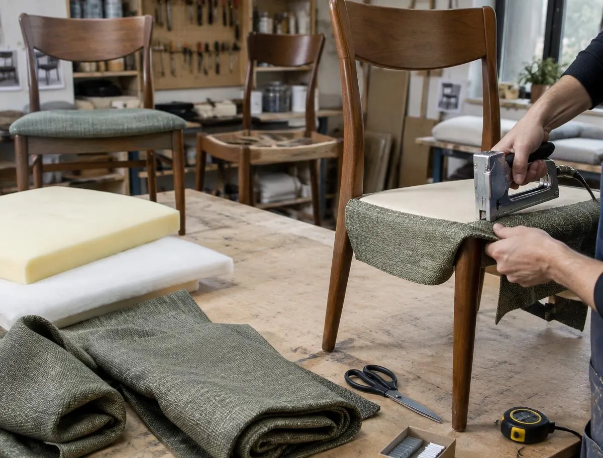 Manos tapizando el asiento de una silla de comedor